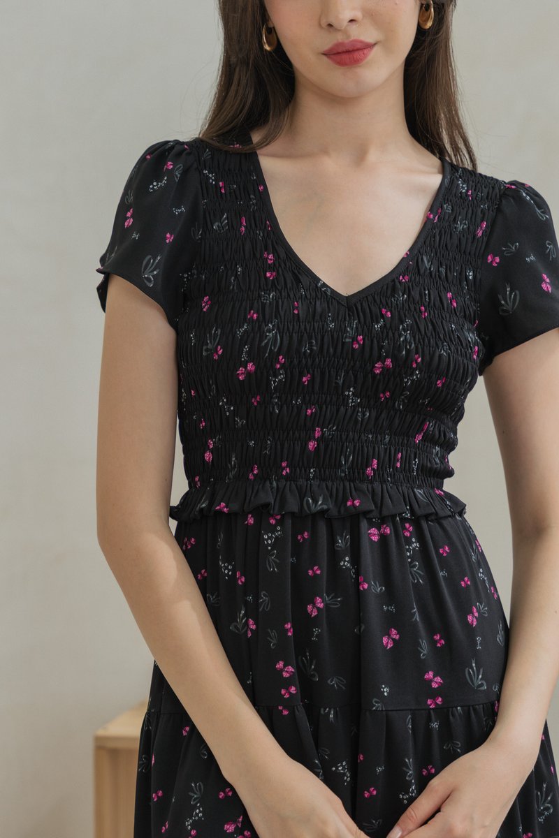 Freesia Ribbon Printed Smocked Midi Dress (XS)