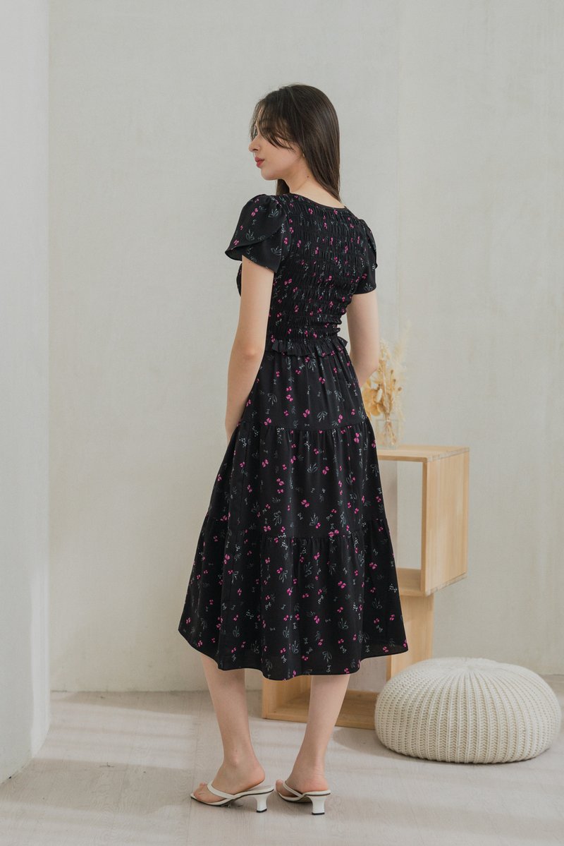 Freesia Ribbon Printed Smocked Midi Dress (XS)