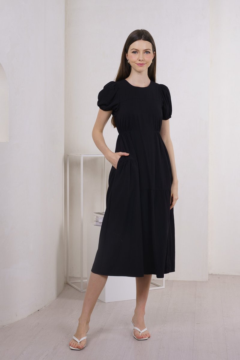 Meave Puff Sleeves Midi Dress In Black(L)