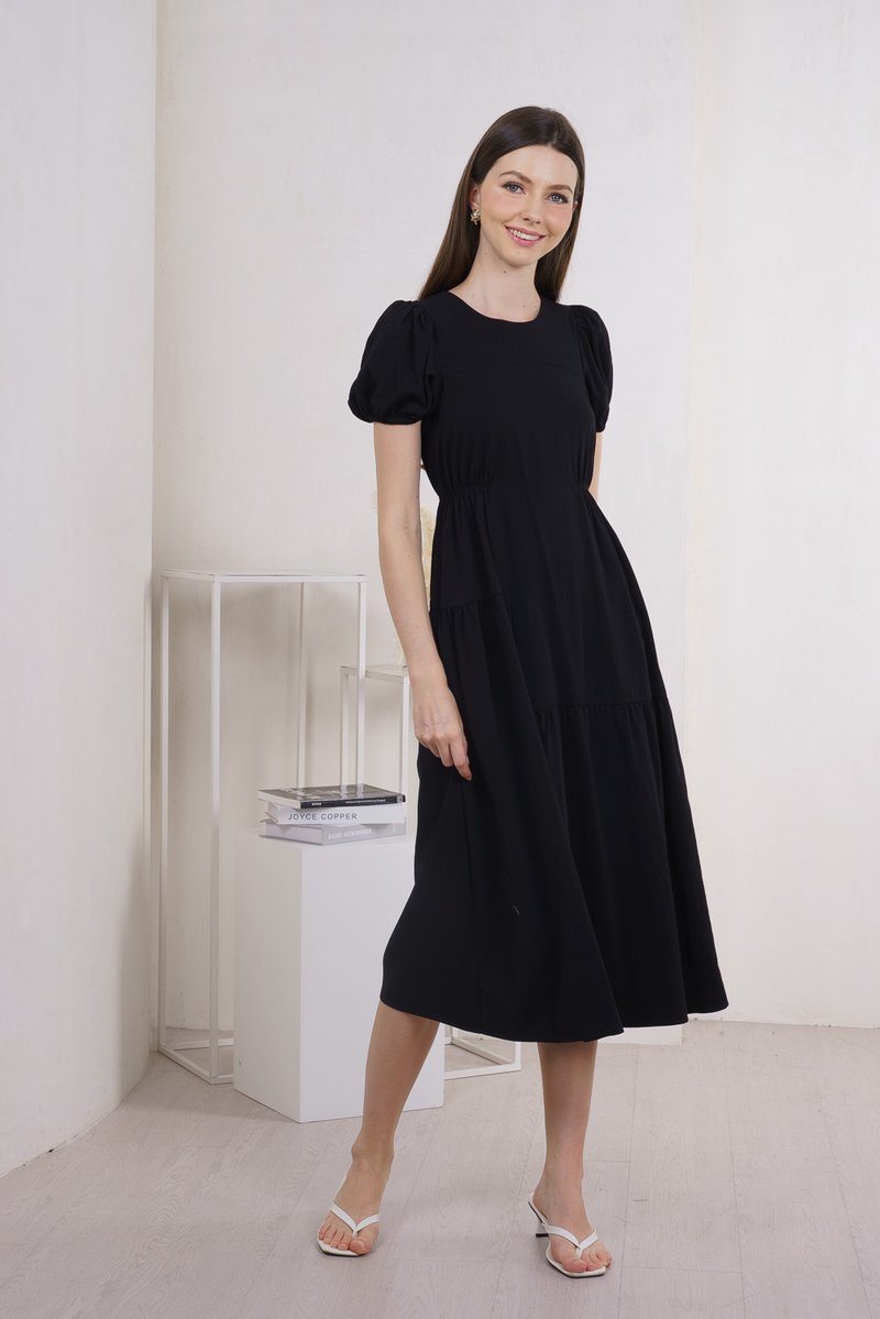 Meave Puff Sleeves Midi Dress In Black(L)