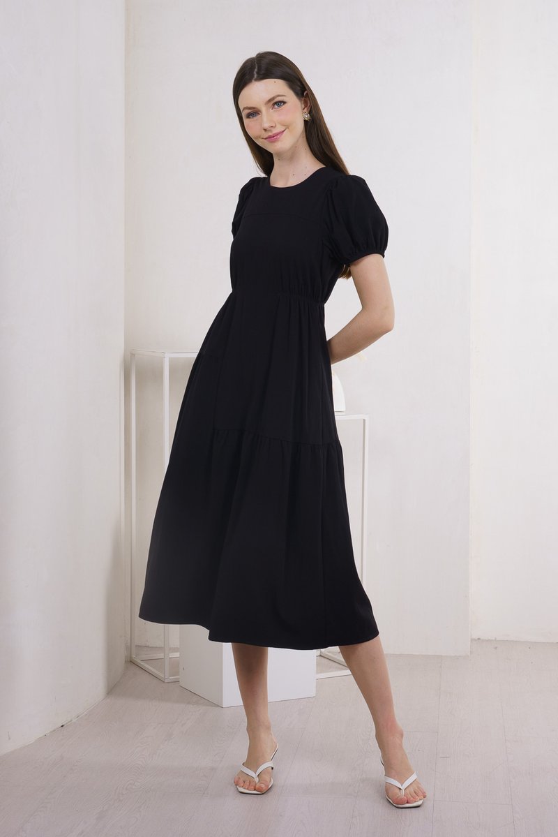 Meave Puff Sleeves Midi Dress In Black(L)