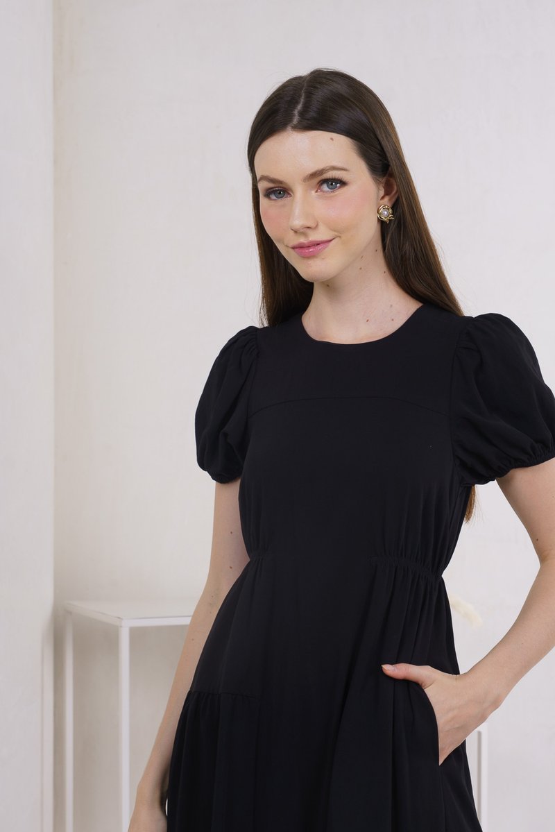 Meave Puff Sleeves Midi Dress In Black(L)