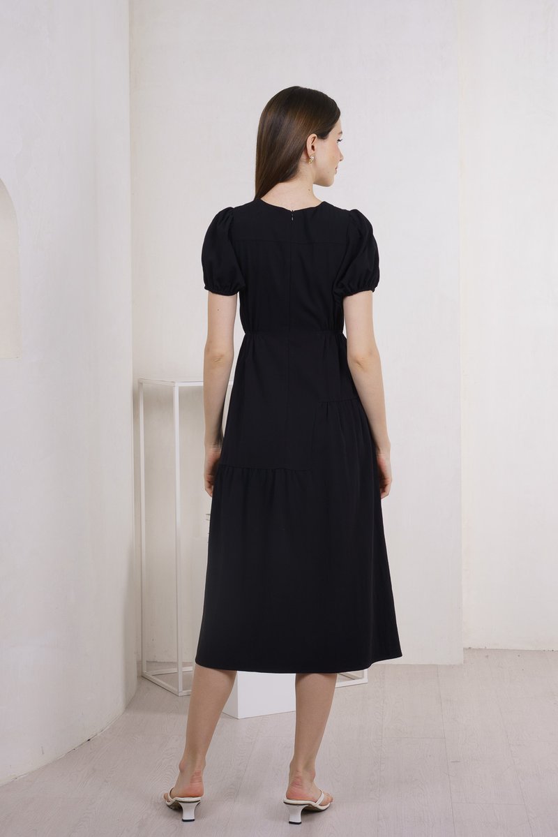 Meave Puff Sleeves Midi Dress In Black(L)