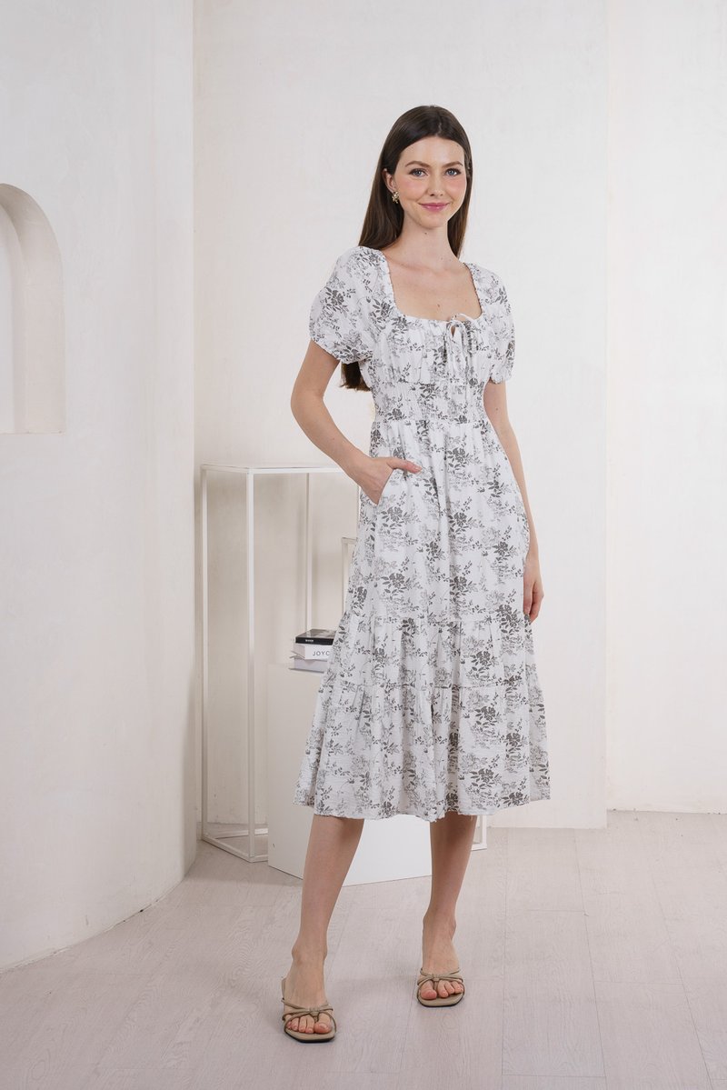 Roslin Floral Smocked Waist Maxi Dress In Grey (XS)