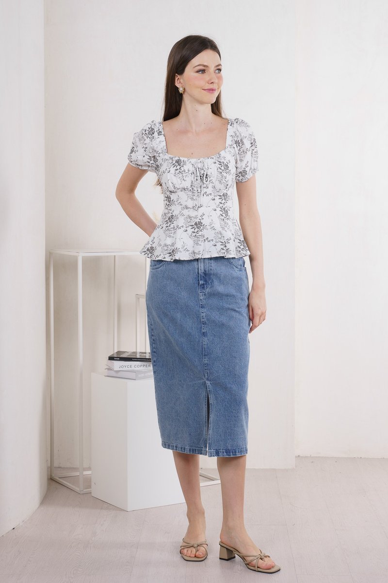Roslin Floral Ruched Ribbon Top In Grey (XS)