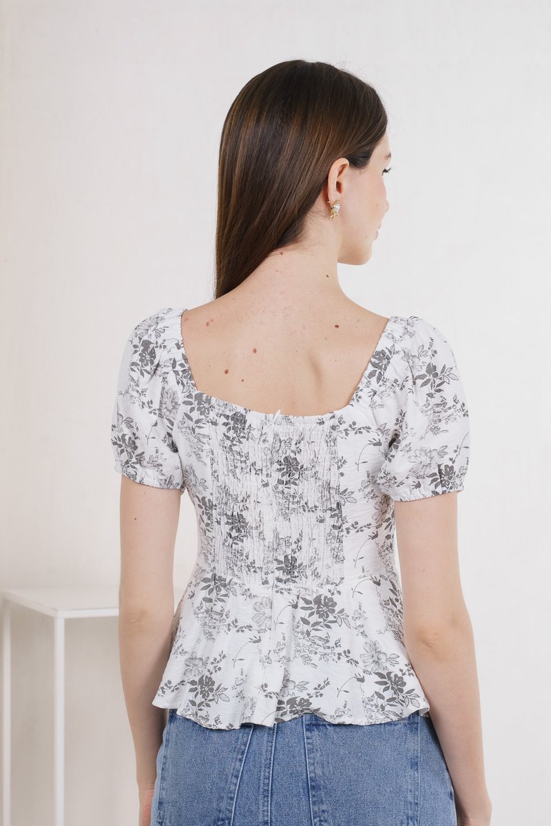 Roslin Floral Ruched Ribbon Top In Grey (XS)