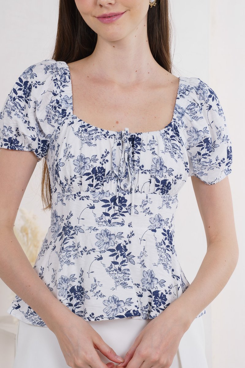 Roslin Floral Ruched Ribbon Top In Navy (XS)