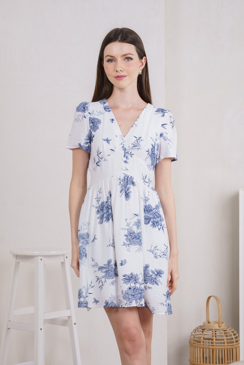 Eternity Floral V Neck Button Dress In Navy (XS)