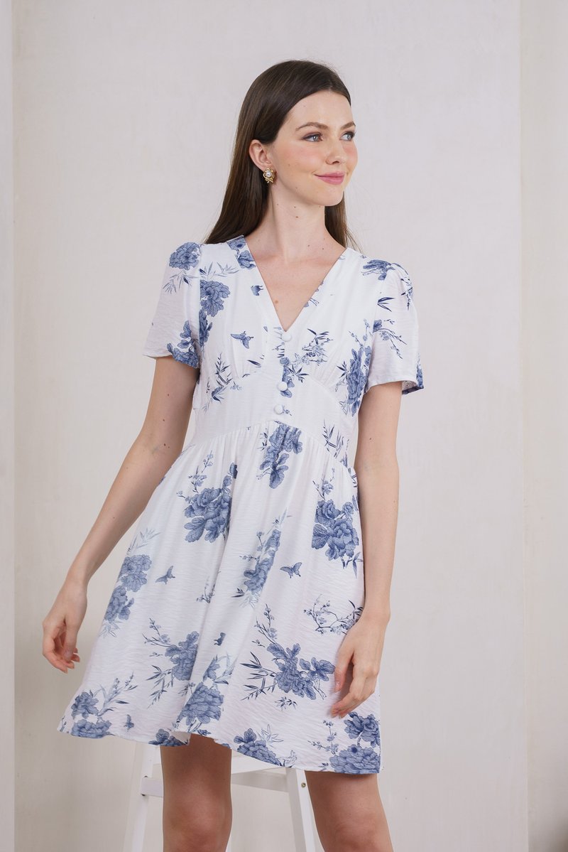 Eternity Floral V Neck Button Dress In Navy (XS)