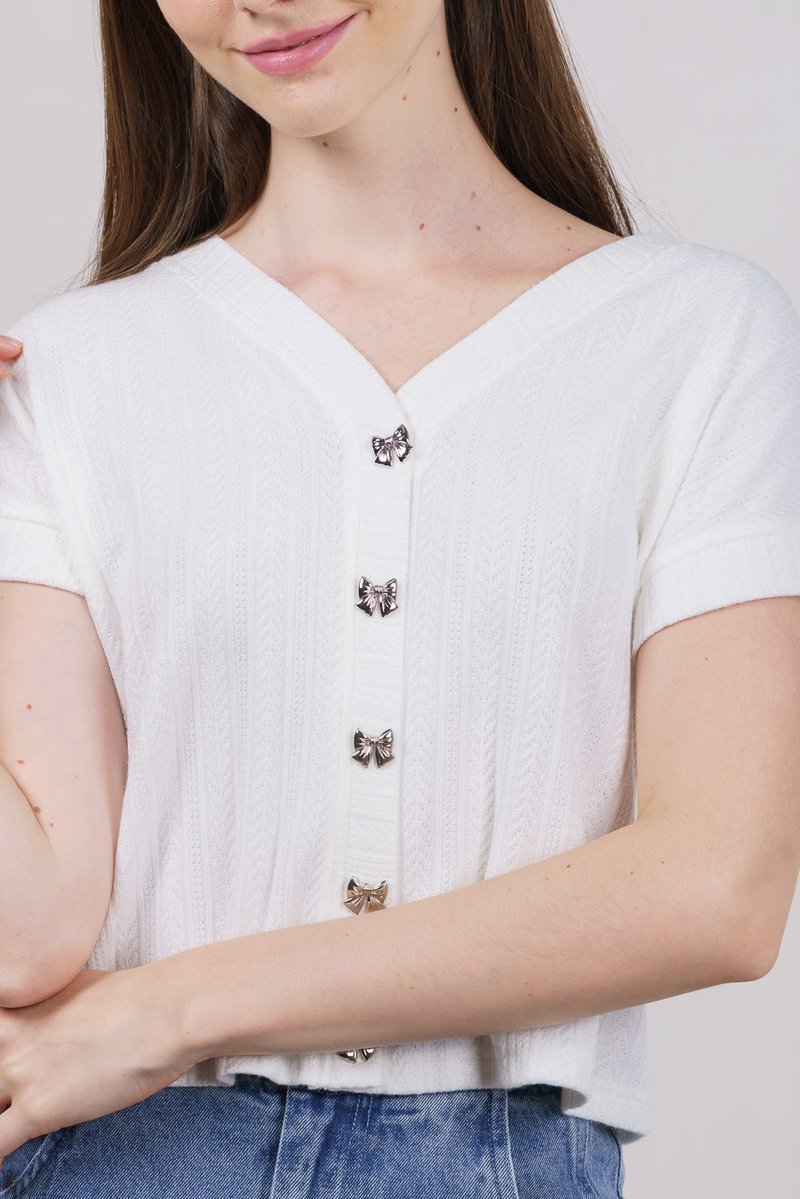 Kamri Ribbon Button Knit Top In White (XXL)