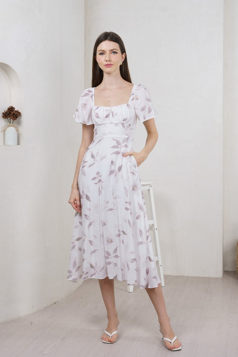 Oasis Printed Ruched Midi Dress In Grey (XS)