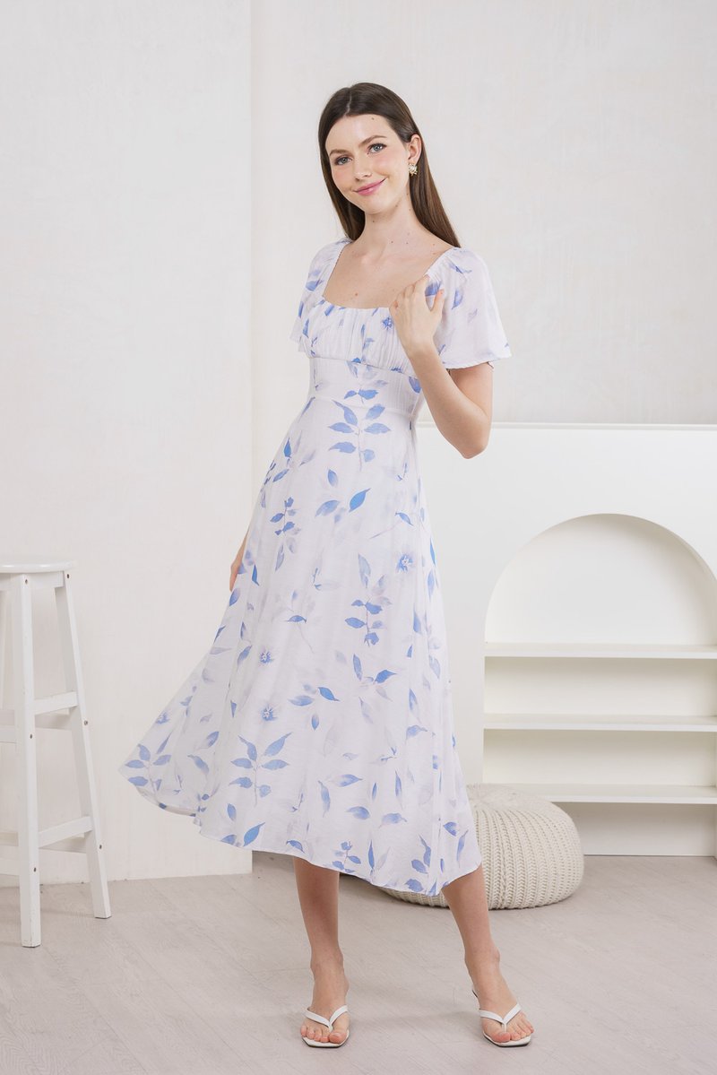 Oasis Printed Ruched Midi Dress In Blue (XS)