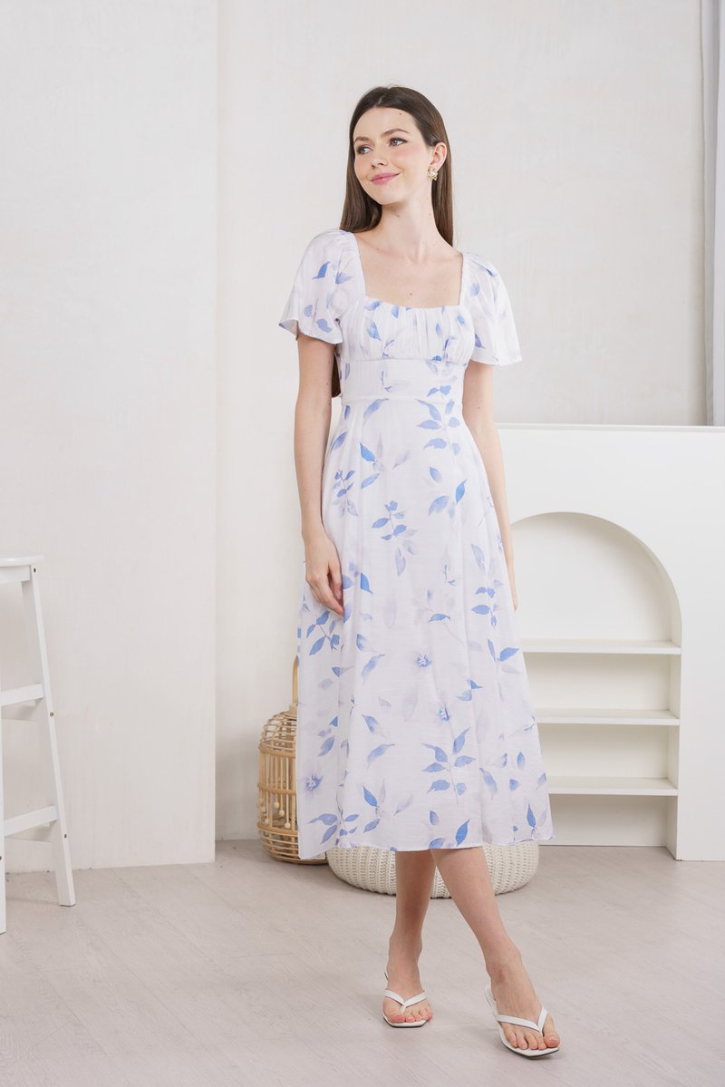Oasis Printed Ruched Midi Dress In Blue (XS)