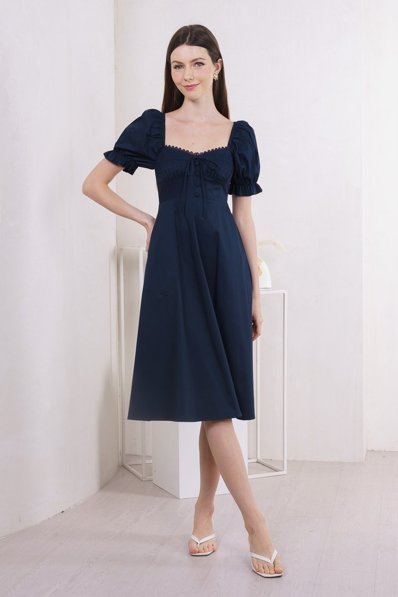 Prism Pleated Crochet Midi Dress In Navy (XS)