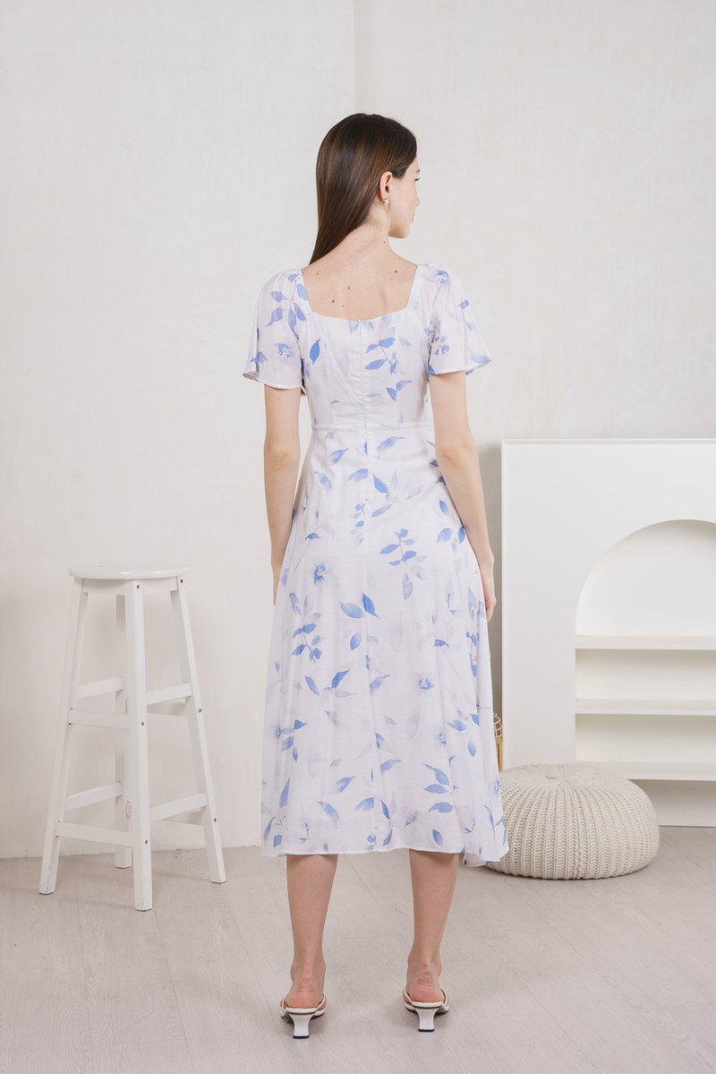 Oasis Printed Ruched Midi Dress In Blue (XS)
