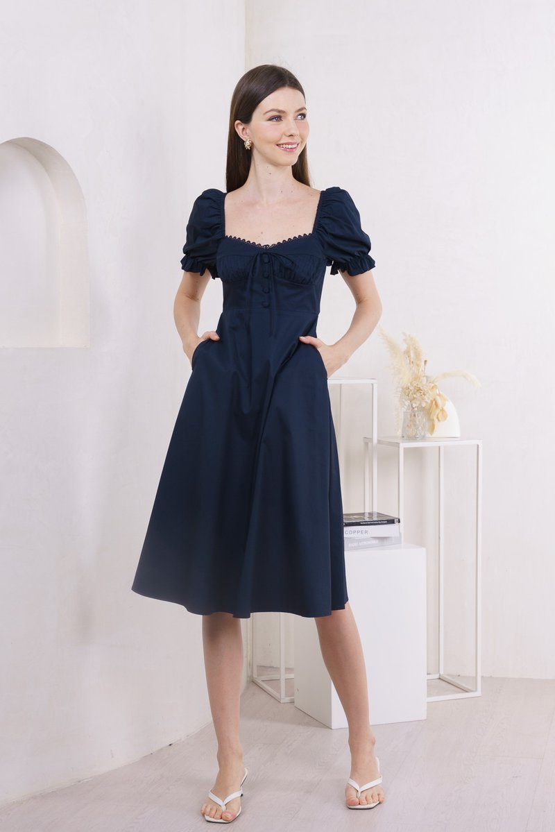 Prism Pleated Crochet Midi Dress In Navy (XS)