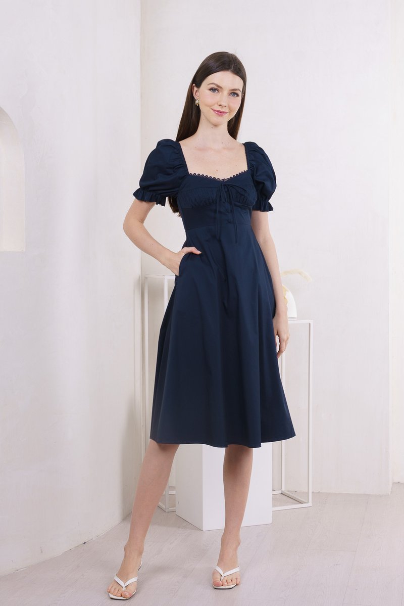 Prism Pleated Crochet Midi Dress In Navy (XS)