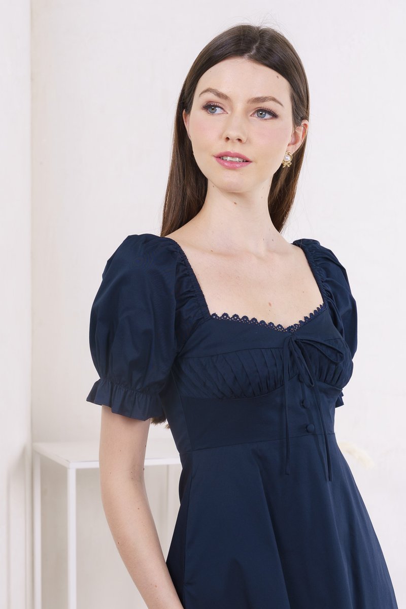Prism Pleated Crochet Midi Dress In Navy (XS)