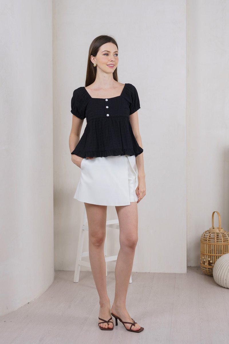 Purity Broidery Pearl Button Top In Black