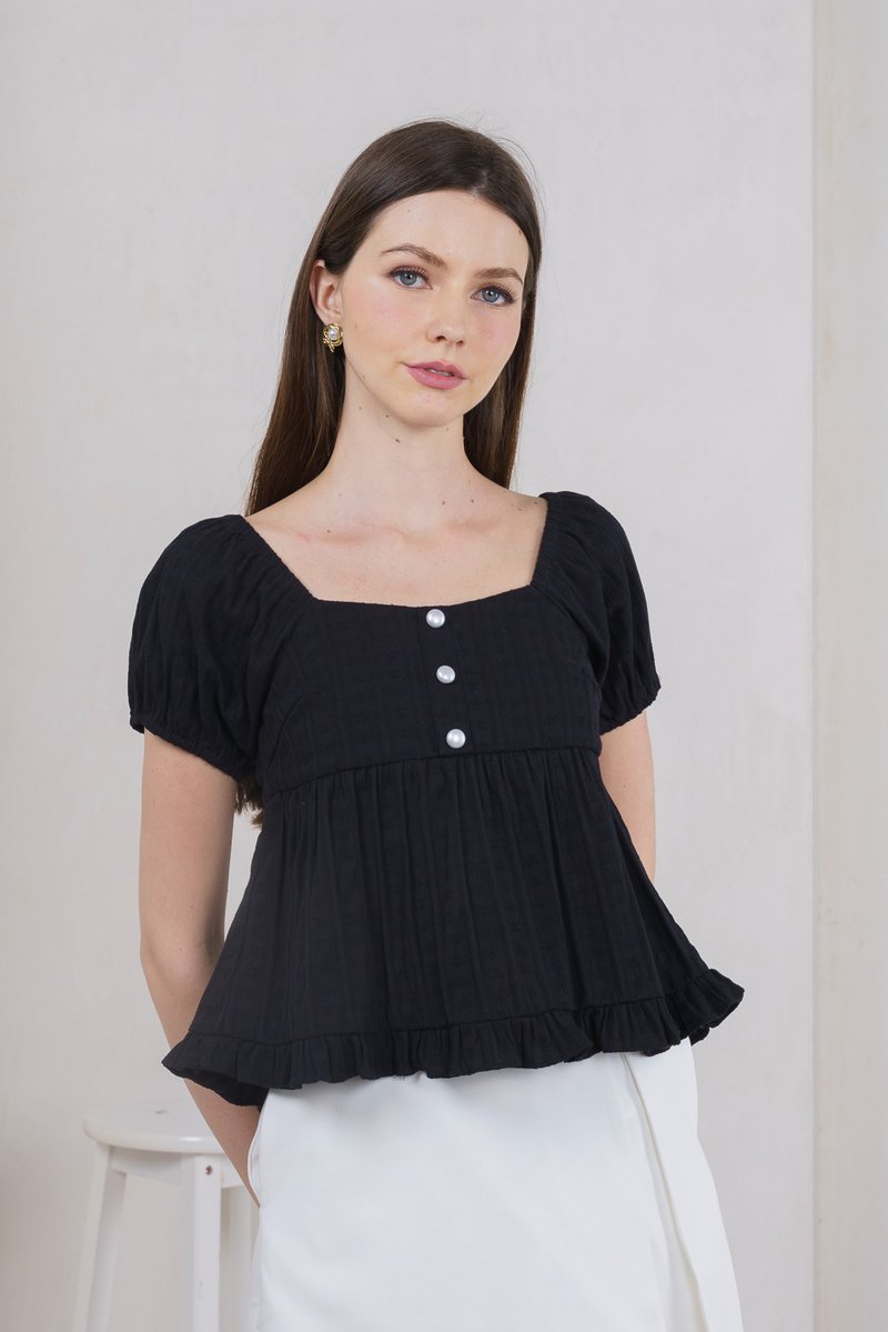 Purity Broidery Pearl Button Top In Black