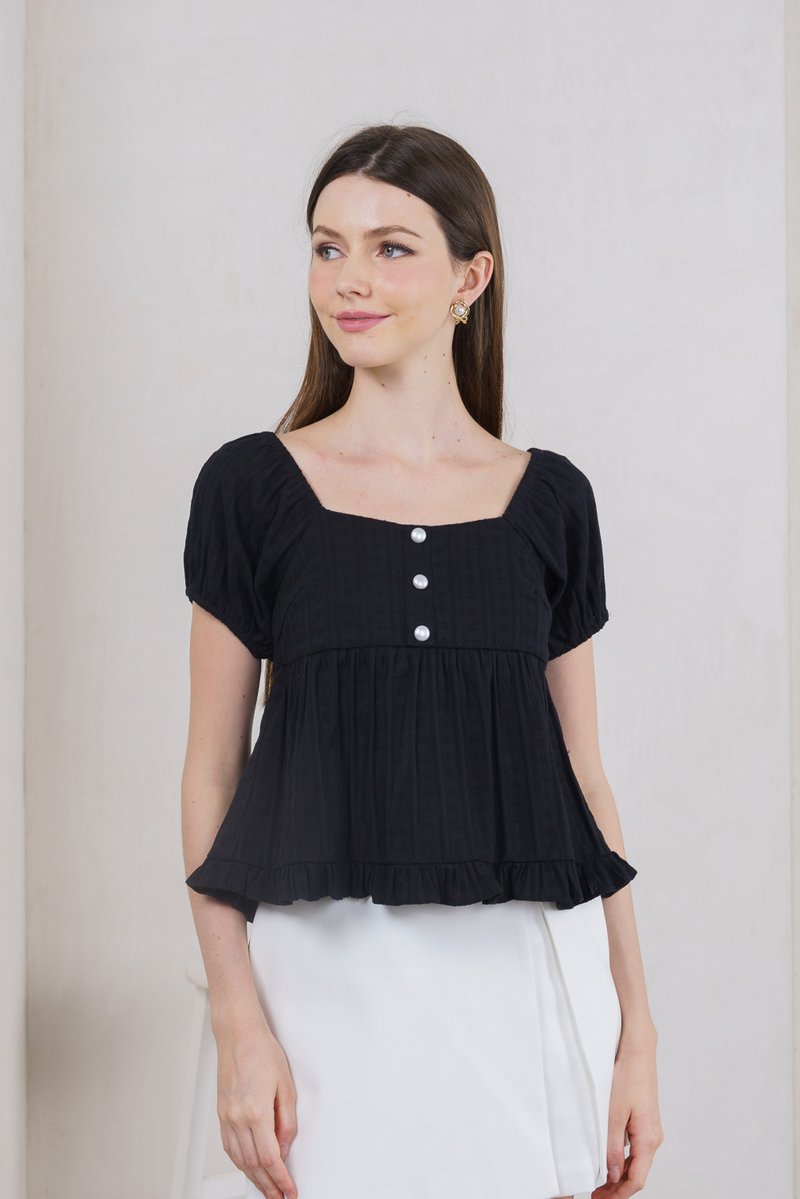 Purity Broidery Pearl Button Top In Black