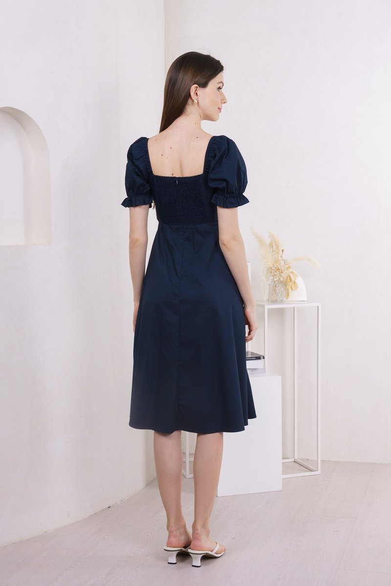 Prism Pleated Crochet Midi Dress In Navy (XS)