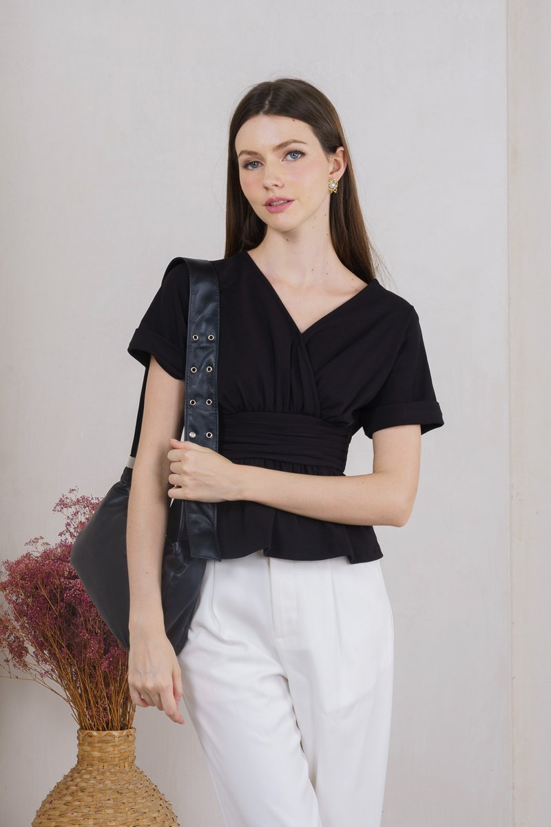 Wanda Faux Wrap Ruched Top In Black (XS)