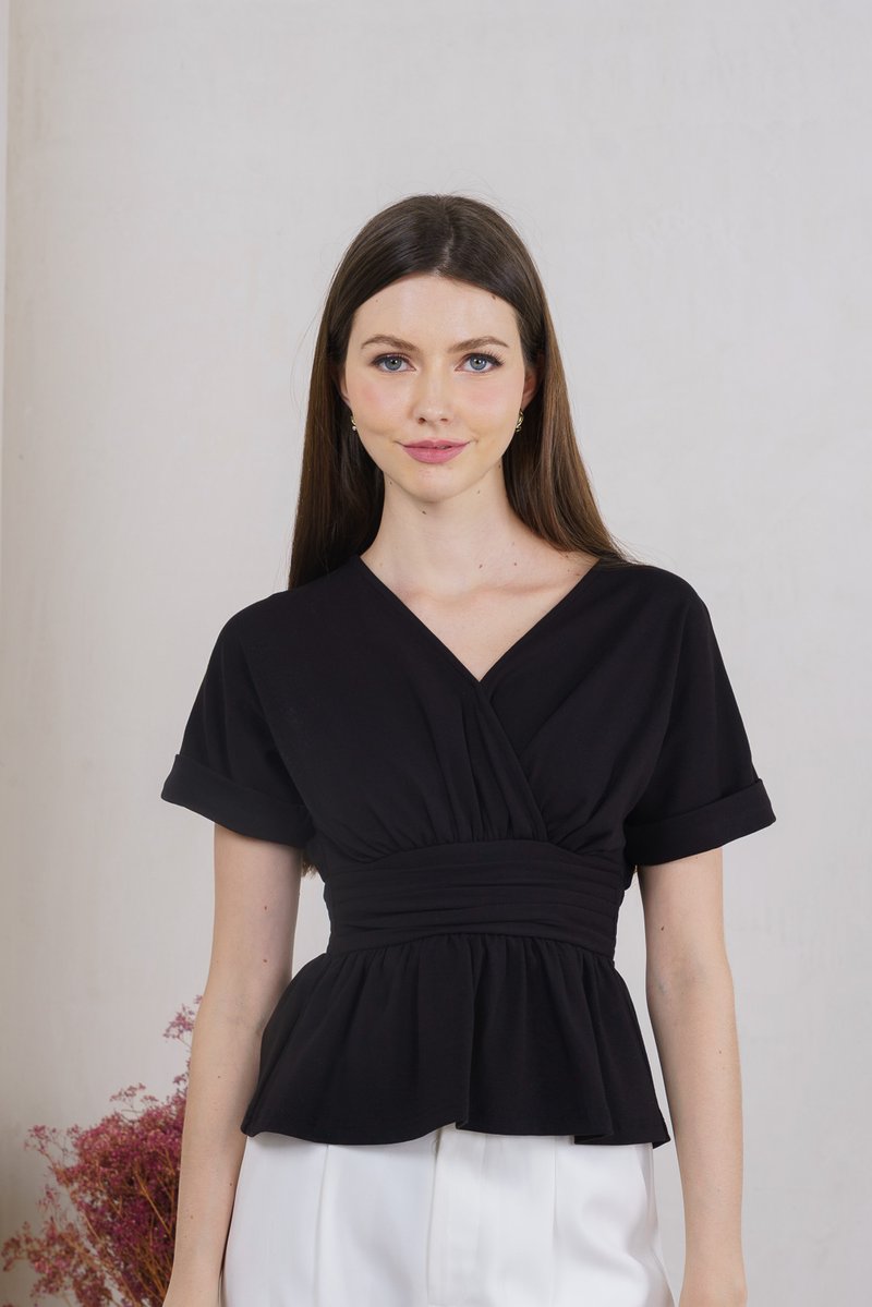 Wanda Faux Wrap Ruched Top In Black (XS)