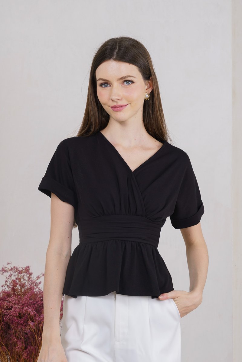 Wanda Faux Wrap Ruched Top In Black (XS)