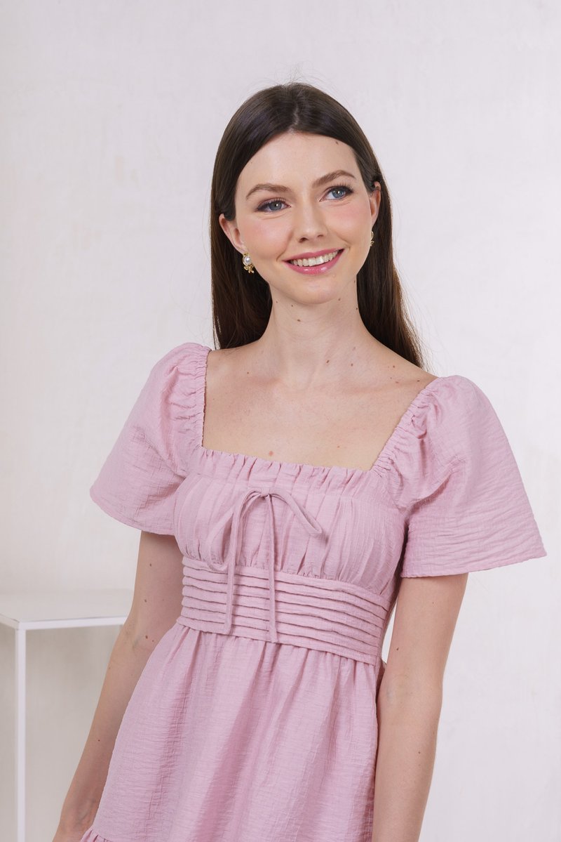 Peachy Textured Ribbon Pleated Dress In Pink (XS)