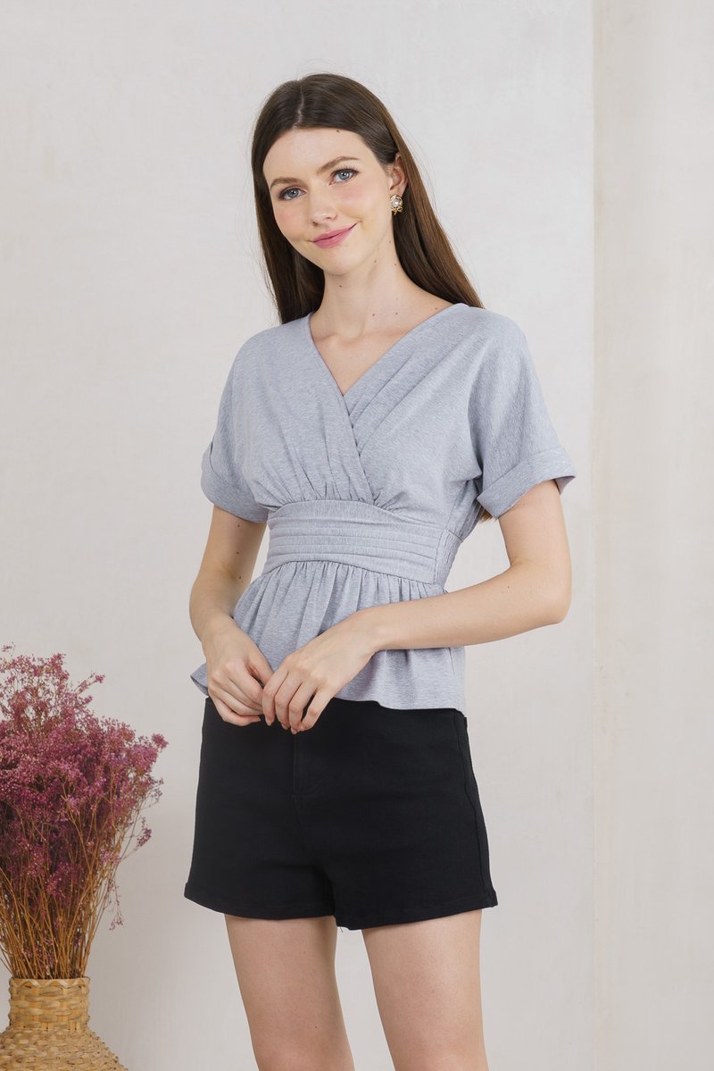 Wanda Faux Wrap Ruched Top In Grey