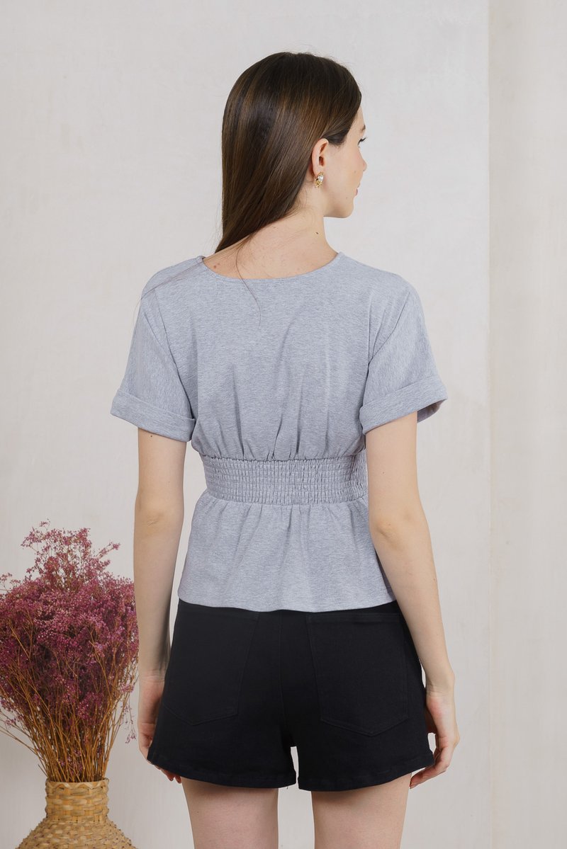 Wanda Faux Wrap Ruched Top In Grey