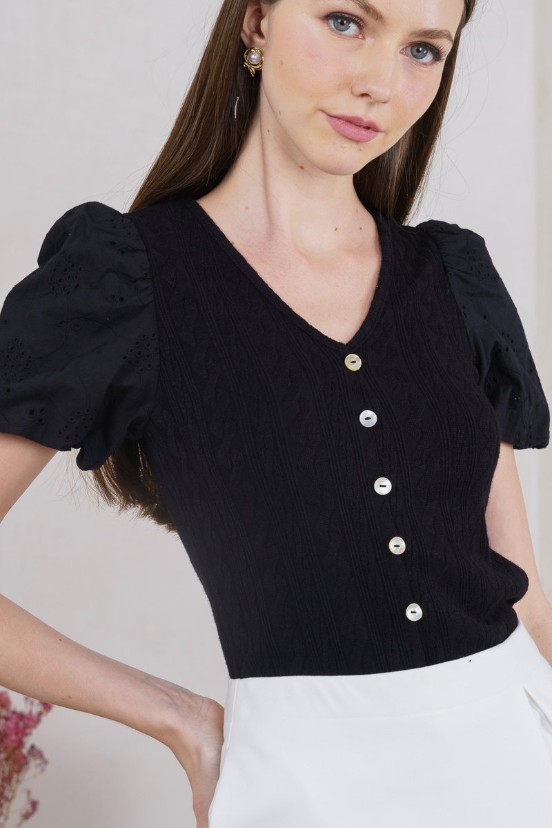 Marleen Mixed Fabric Eyelet Knit Top In Black (XS)