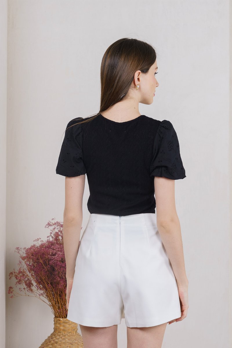 Marleen Mixed Fabric Eyelet Knit Top In Black (XS)