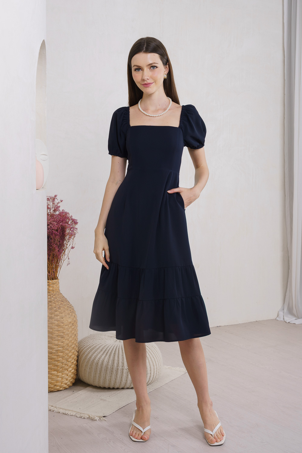 Melody Tiered Midi Dress In Navy