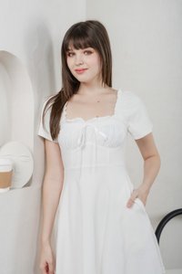 Lux Ribbon Cotton Ruched Dress In White