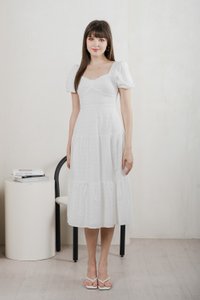 Bambi Ribbon Embroidery Tiered Midi Dress In White