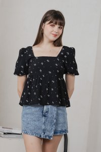 Flair Ribbon Prints Babydoll Top In Black (XS)
