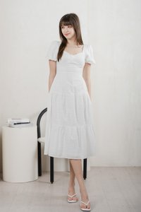 Bambi Ribbon Embroidery Tiered Midi Dress In White
