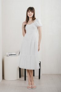Bambi Ribbon Embroidery Tiered Midi Dress In White