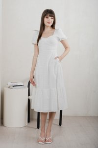 Bambi Ribbon Embroidery Tiered Midi Dress In White