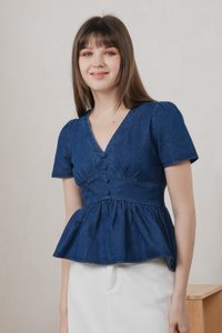 Euphoria Denim Empire Waist Top In Dark Wash (XS)
