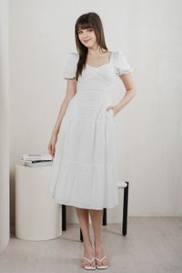 Bambi Ribbon Embroidery Tiered Midi Dress In White