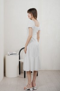 Bambi Ribbon Embroidery Tiered Midi Dress In White