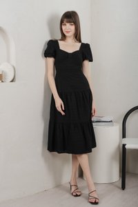 Bambi Ribbon Embroidery Tiered Midi Dress In Black (XS)