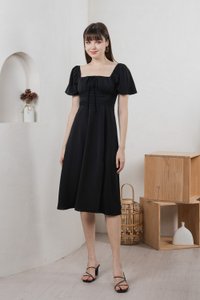 Calani Ruched Crochet Midi Dress In Black (XS)