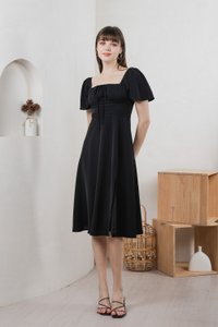 Calani Ruched Crochet Midi Dress In Black (XS)