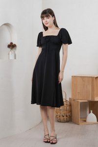 Calani Ruched Crochet Midi Dress In Black (XS)