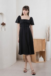 Calani Ruched Crochet Midi Dress In Black (XS)