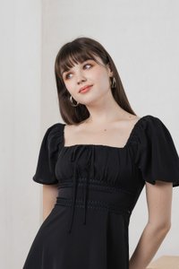 Calani Ruched Crochet Midi Dress In Black (XS)